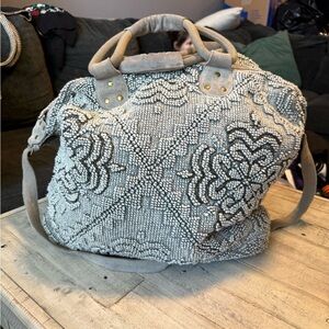 Lovestitch XL Graphic Gray Beaded Elegance Travel Weekender Tote Boho